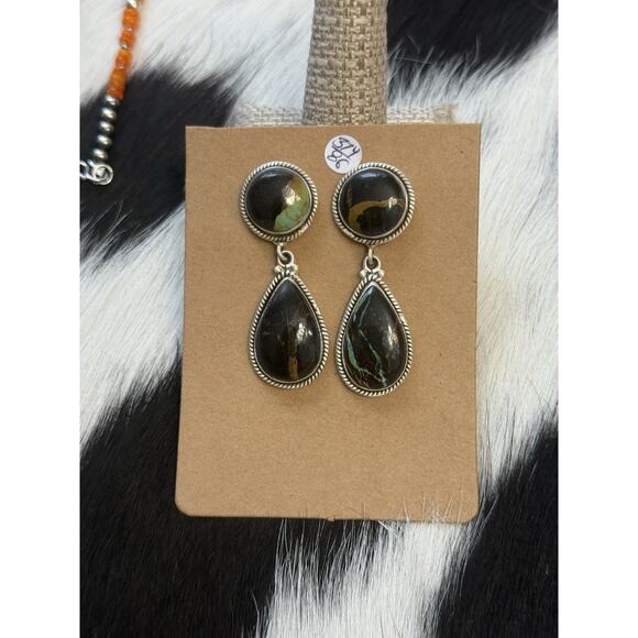 Native American Sterling Silver Large Double Stone Blackjack Turquoise Earrings - Picture 9 of 11
